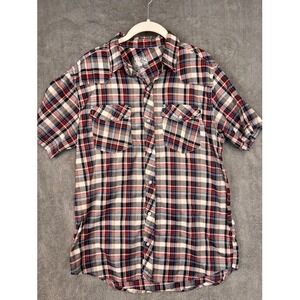 Casual Country Mens Western Short Sleeve Pearl Snap Plaid Shirt Red Blue Large‎